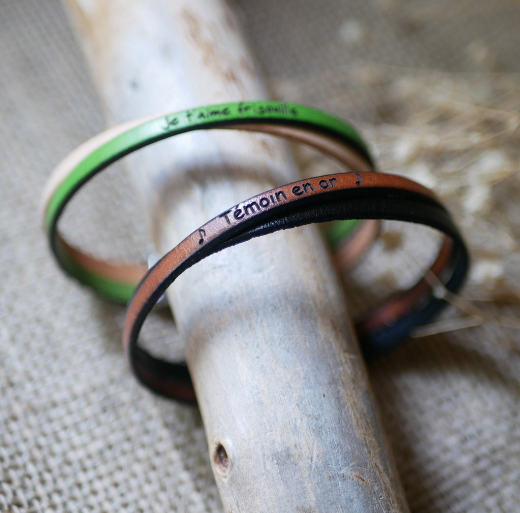 bracelet cuir mixte gravé témoin en or de mariage