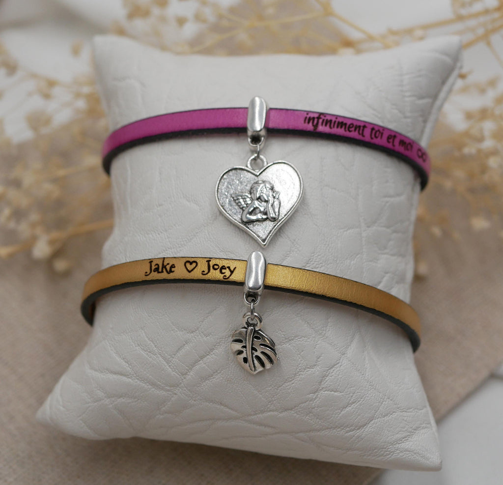 Bracelet cuir à breloque au choix personnalisable par gravure