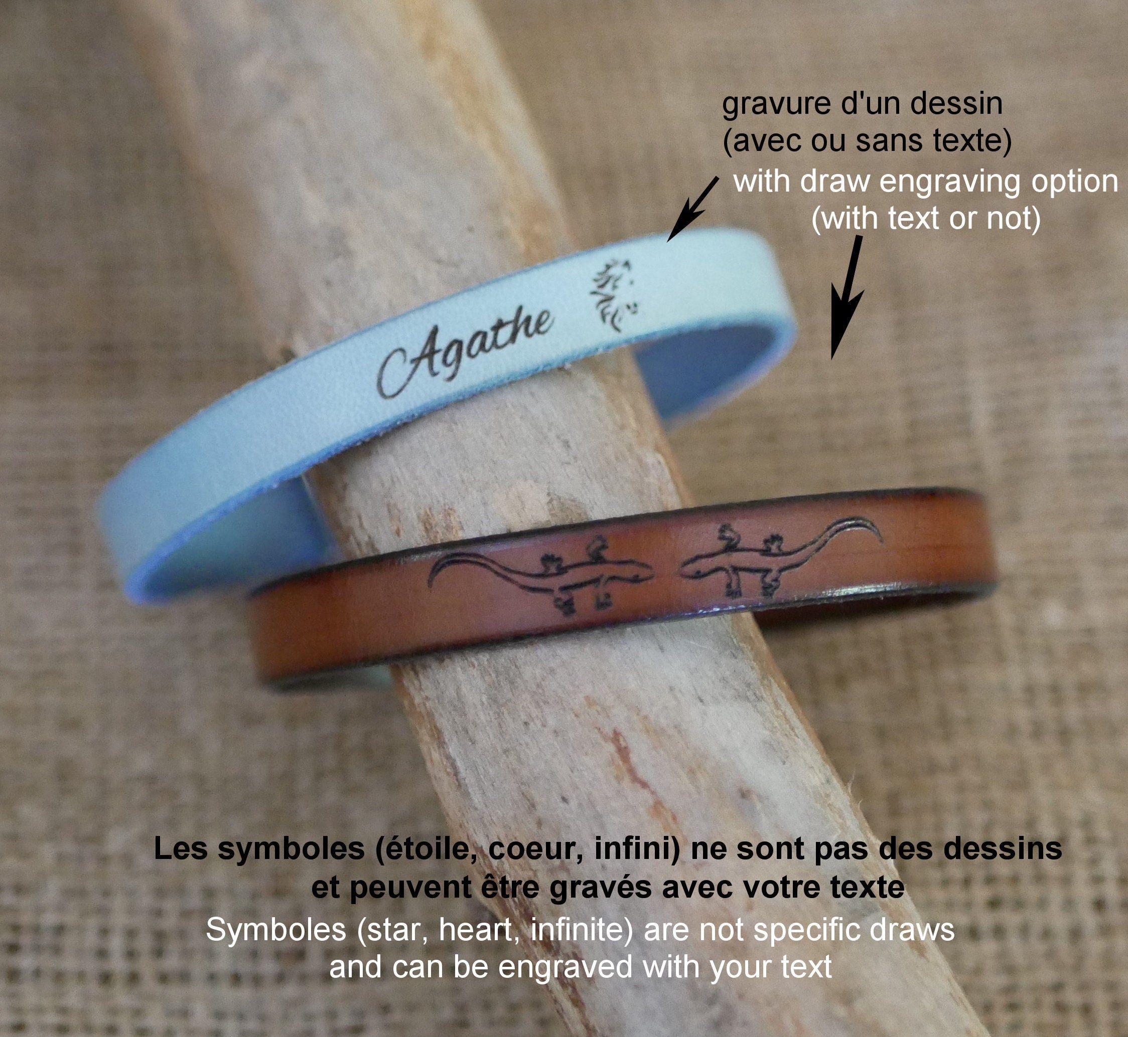 Cadeau pour couple 2 bracelets en cuir personnalisés gravés du même message
