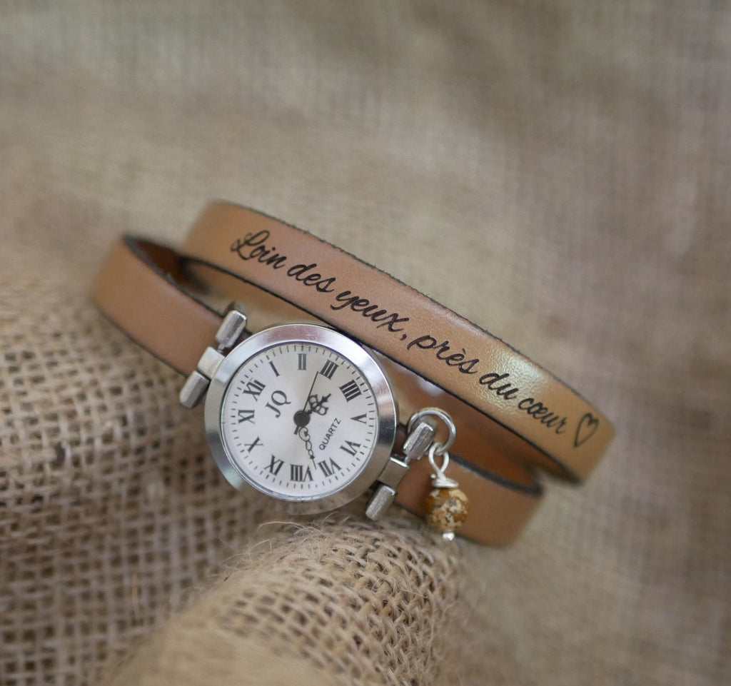Montre double tour cuir cadran argenté à personnaliser