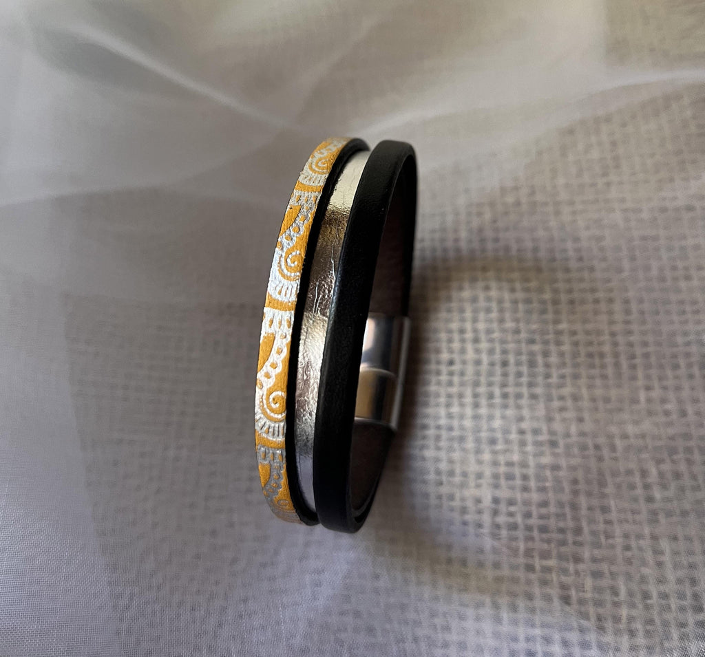 Bracelet manchette femme aux 3 cuirs orange argenté