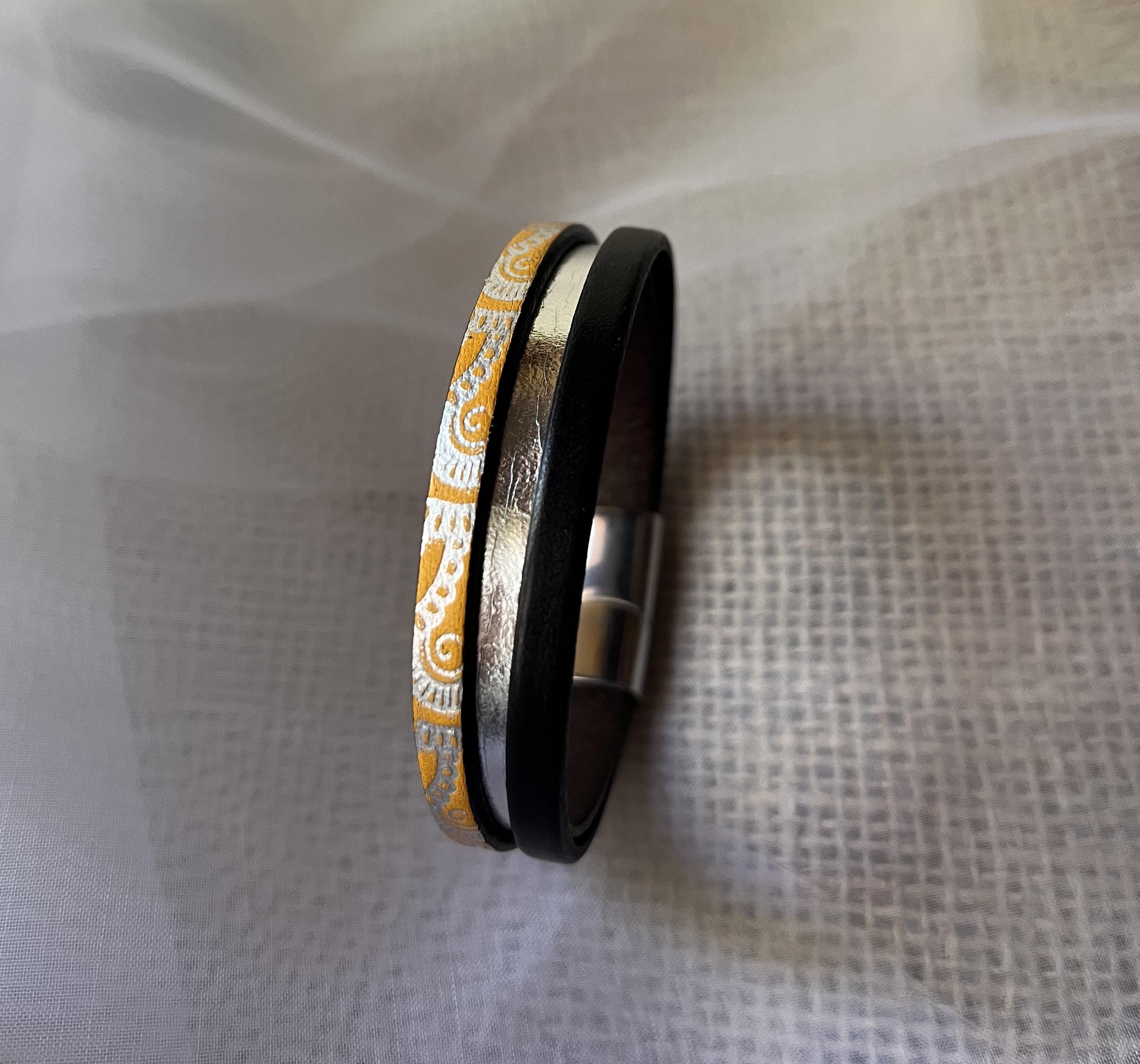 Bracelet manchette femme aux 3 cuirs orange argenté