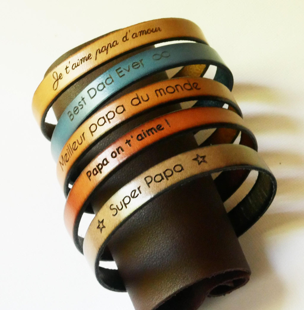 Bracelet homme cuir gravé ajustable au fermoir acier noir