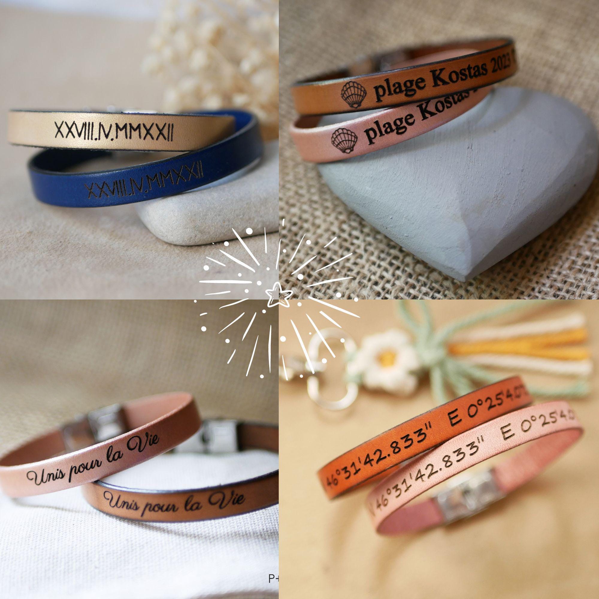 Cadeau pour couple 2 bracelets en cuir personnalisés gravés du même message