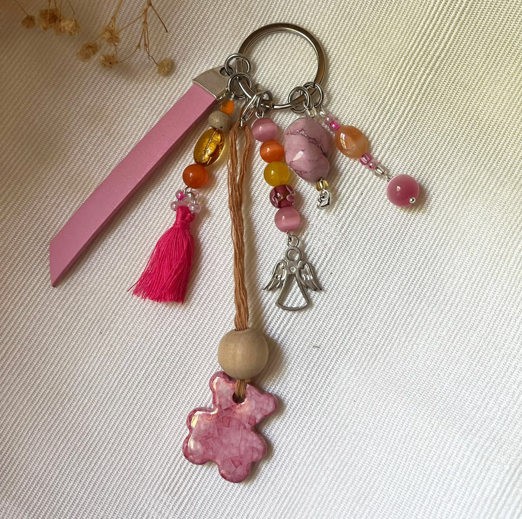 Bijou de sac multi breloques nounous rose et message cuir gravé