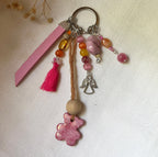Bijou de sac multi breloques nounous rose et message cuir gravé