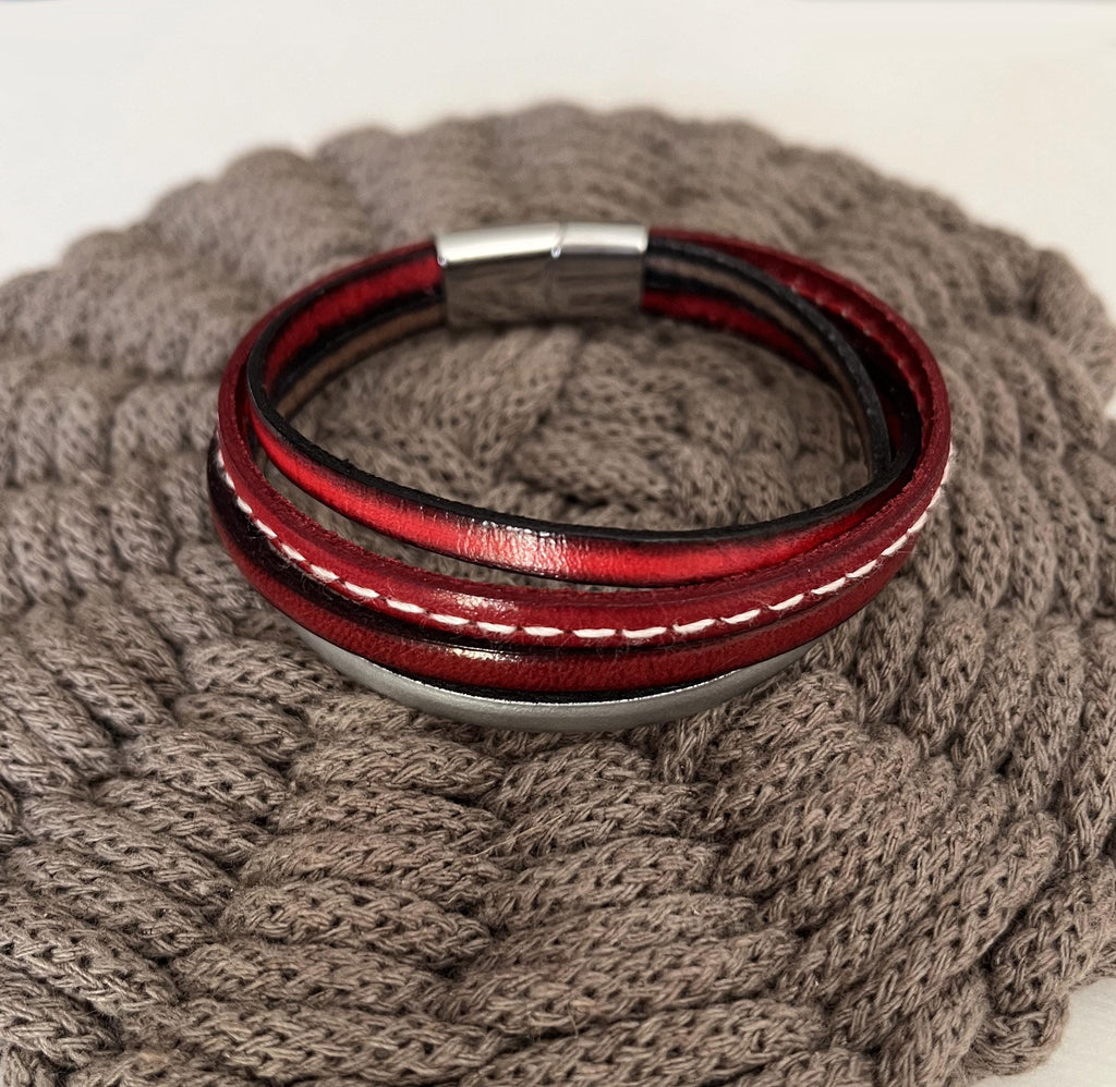 Bracelet homme multi cuirs rouges et gris