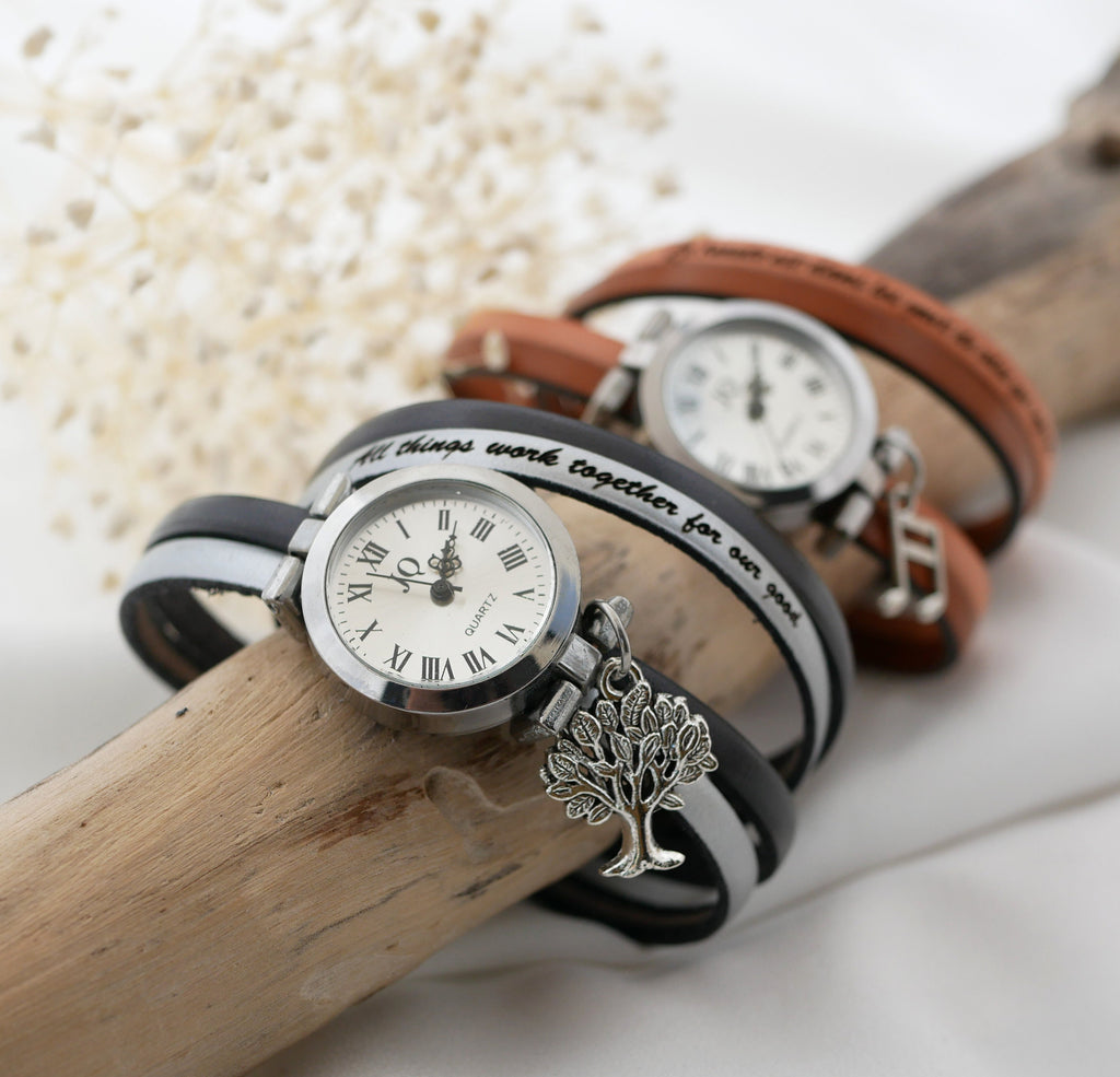 Montre femme double duo de cuir personnalisable cadran argenté