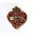 Broche ex voto Sacré Coeur en perles au message en cuir gravé Gratitude