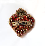 Broche ex voto Sacré Coeur en perles au message en cuir gravé Gratitude