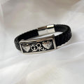 Bracelet cuir noir tressé à plaque métallique 2 coeurs gravés