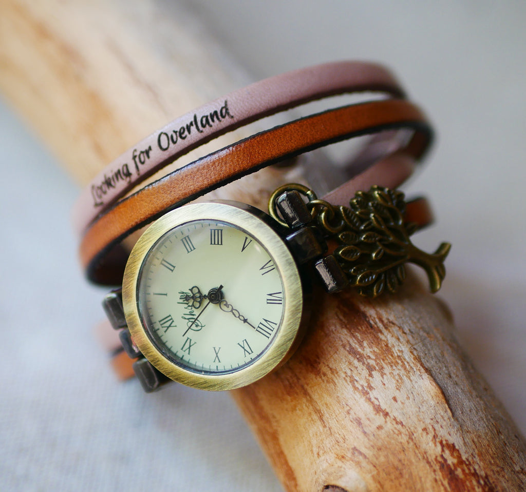 Montre personnalisée style vintage bracelet double tour et double cuir