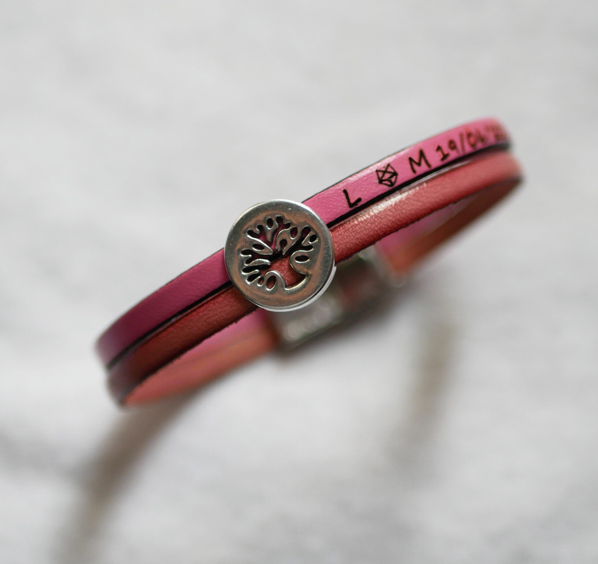 Bracelet double cuir décoré d'un poussoir argenté Arbre de Vie