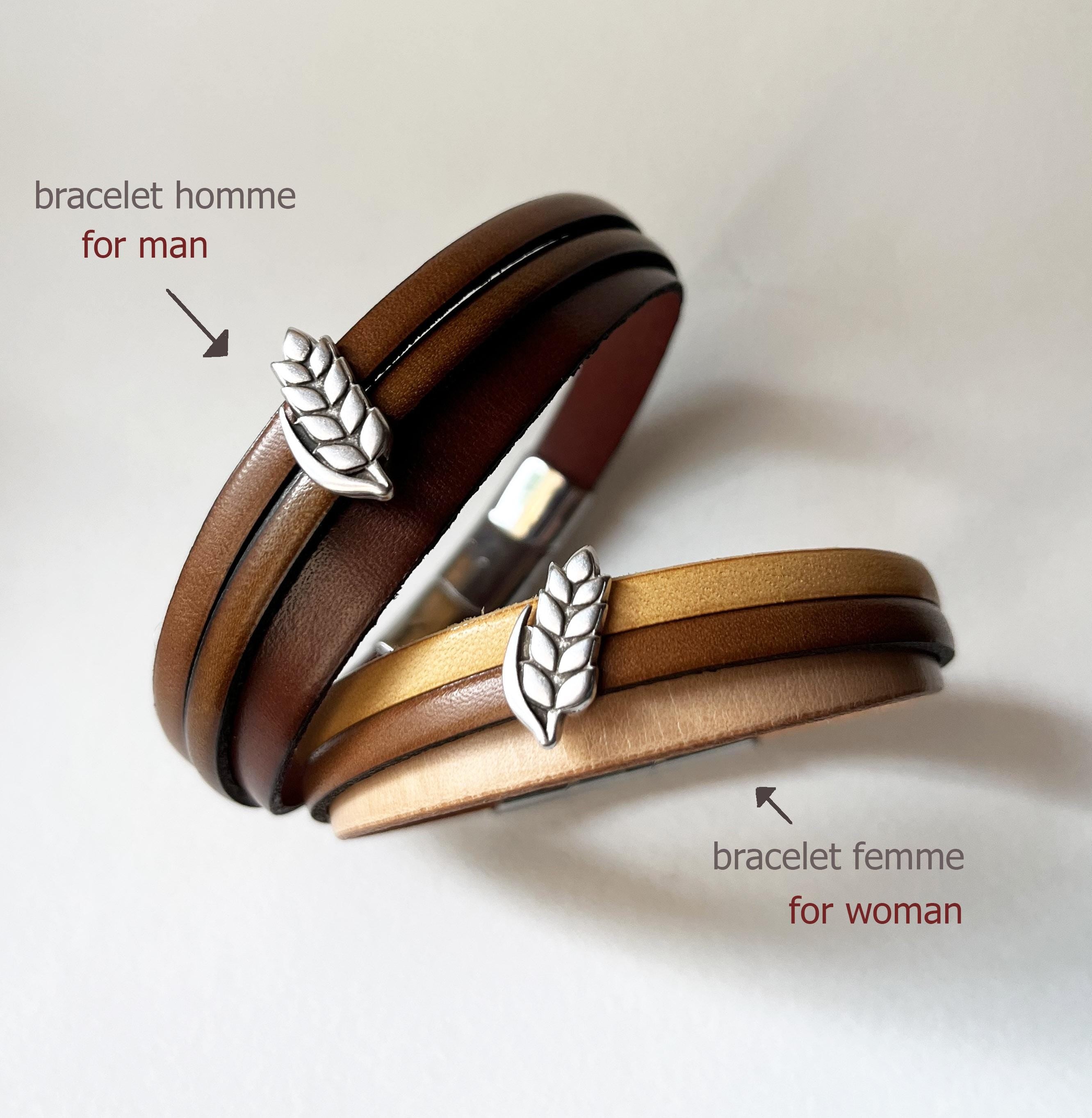 Bracelet personnalisé aux 3 cuirs et poussoir argenté épis de blé