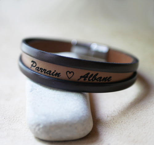 bracelet homme manchette multi cuirs personnalisé par message gravé cadeau parrain