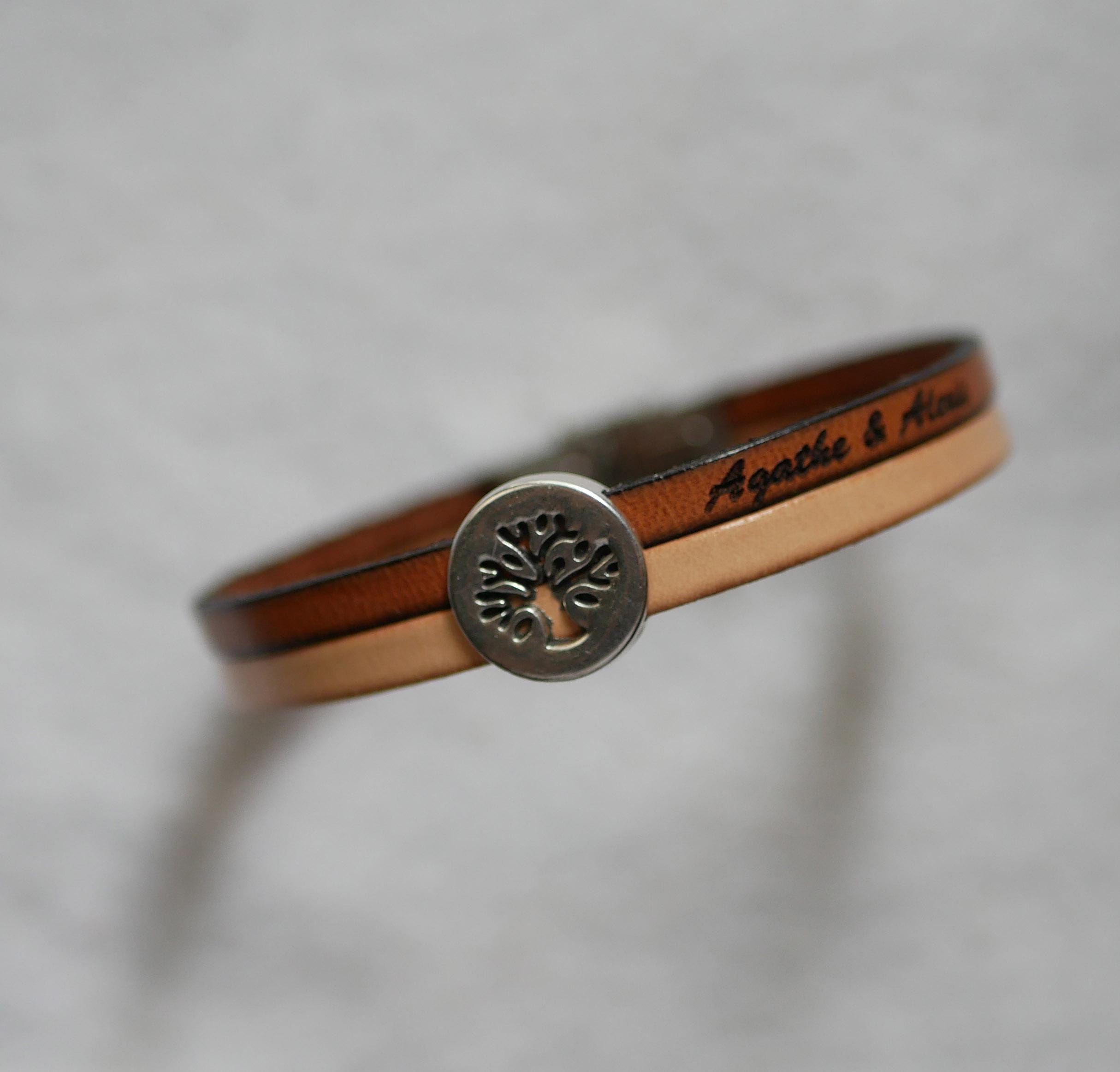 Bracelet double cuir décoré d'un poussoir argenté Arbre de Vie