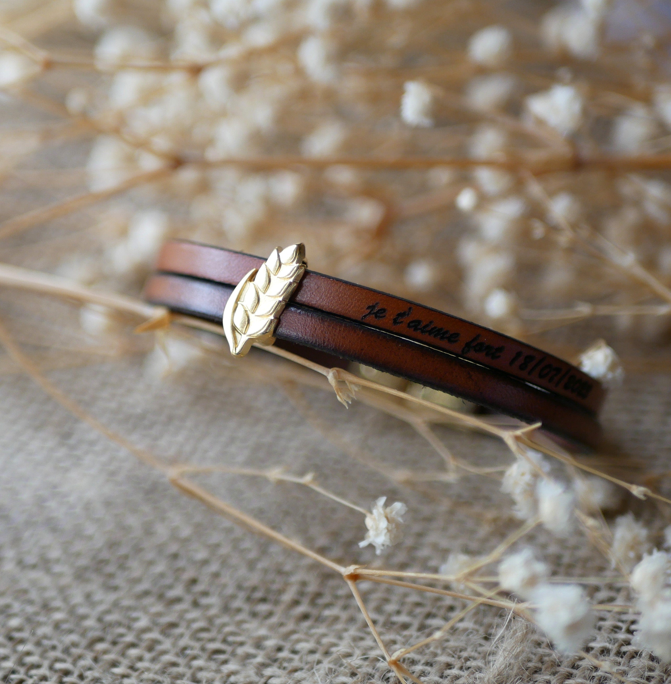 Bracelet Synergie doré Noces de Froment en cuir à graver