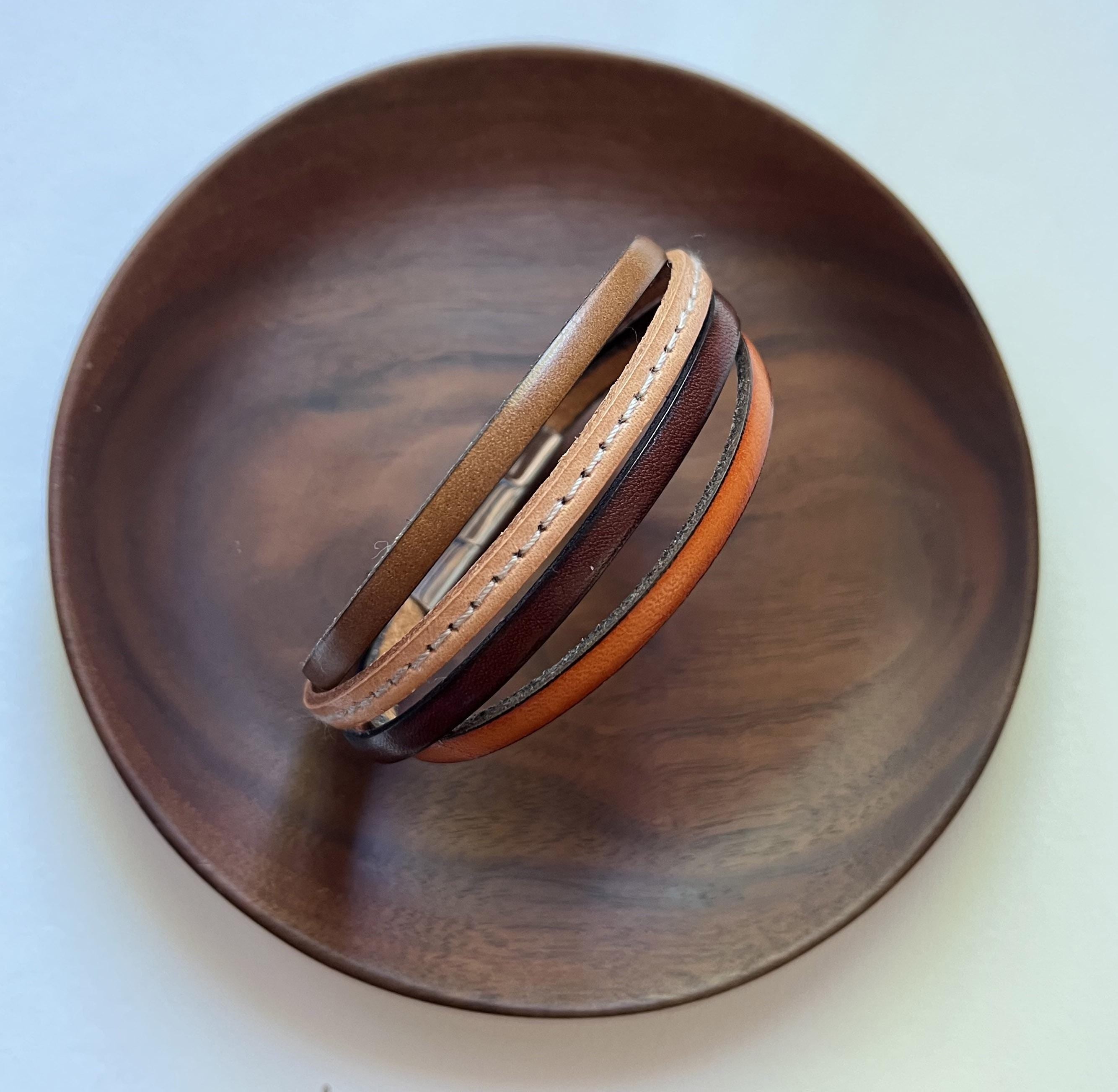 Bracelet manchette  homme multi cuirs marron clair ajustable