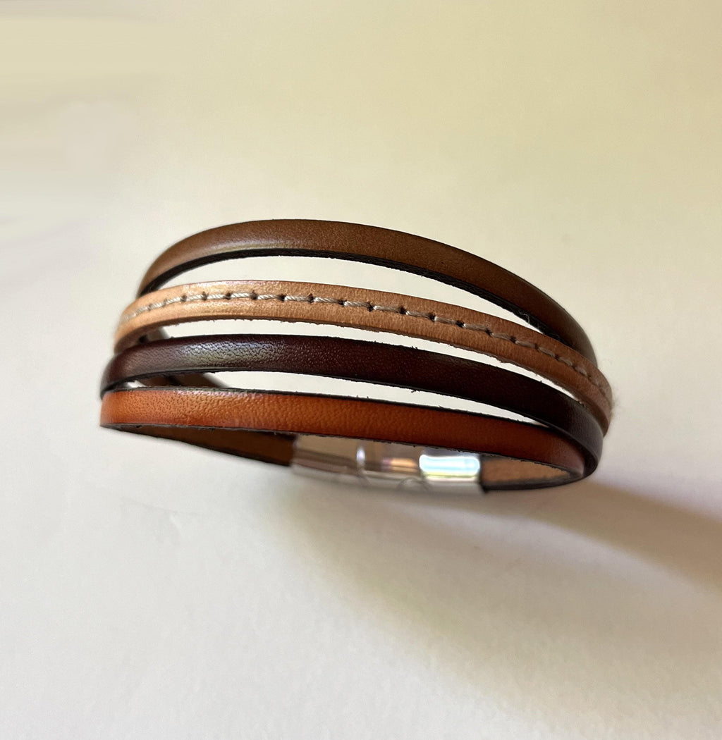 Bracelet manchette  homme multi cuirs marron clair ajustable