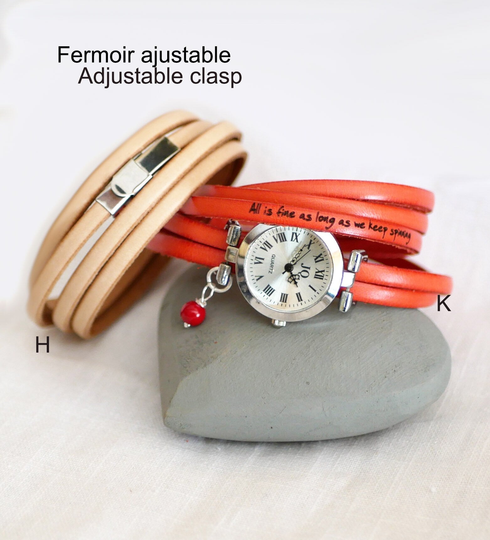 Montre bracelet cuir 5 tours gravé parole biblique et mots d'amour