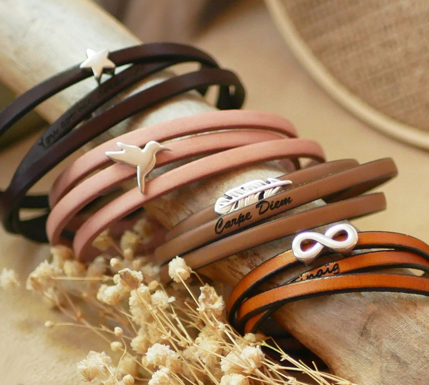 Bracelet personnalisé en cuir multi-tour passant charme au choix