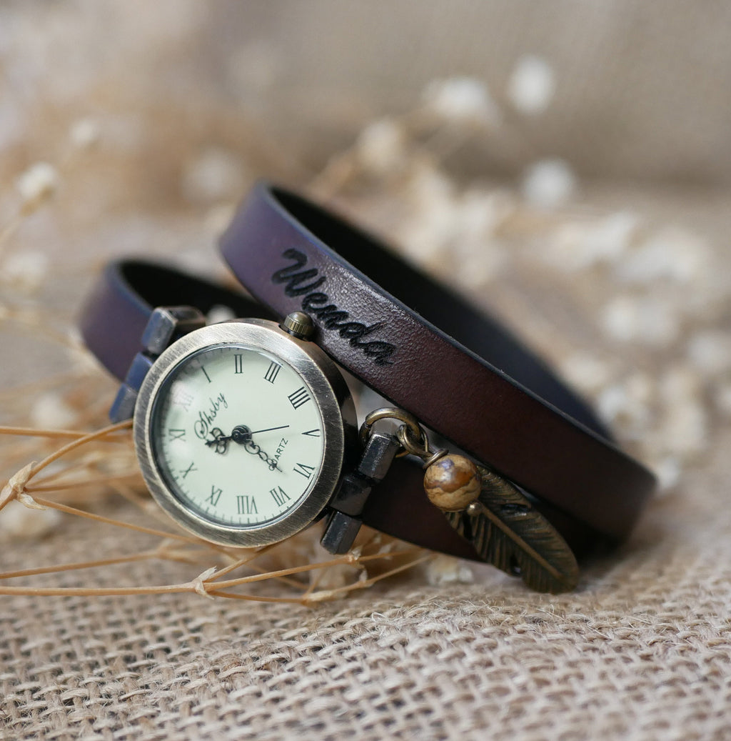 Montre bracelet double tour en cuir à personnaliser