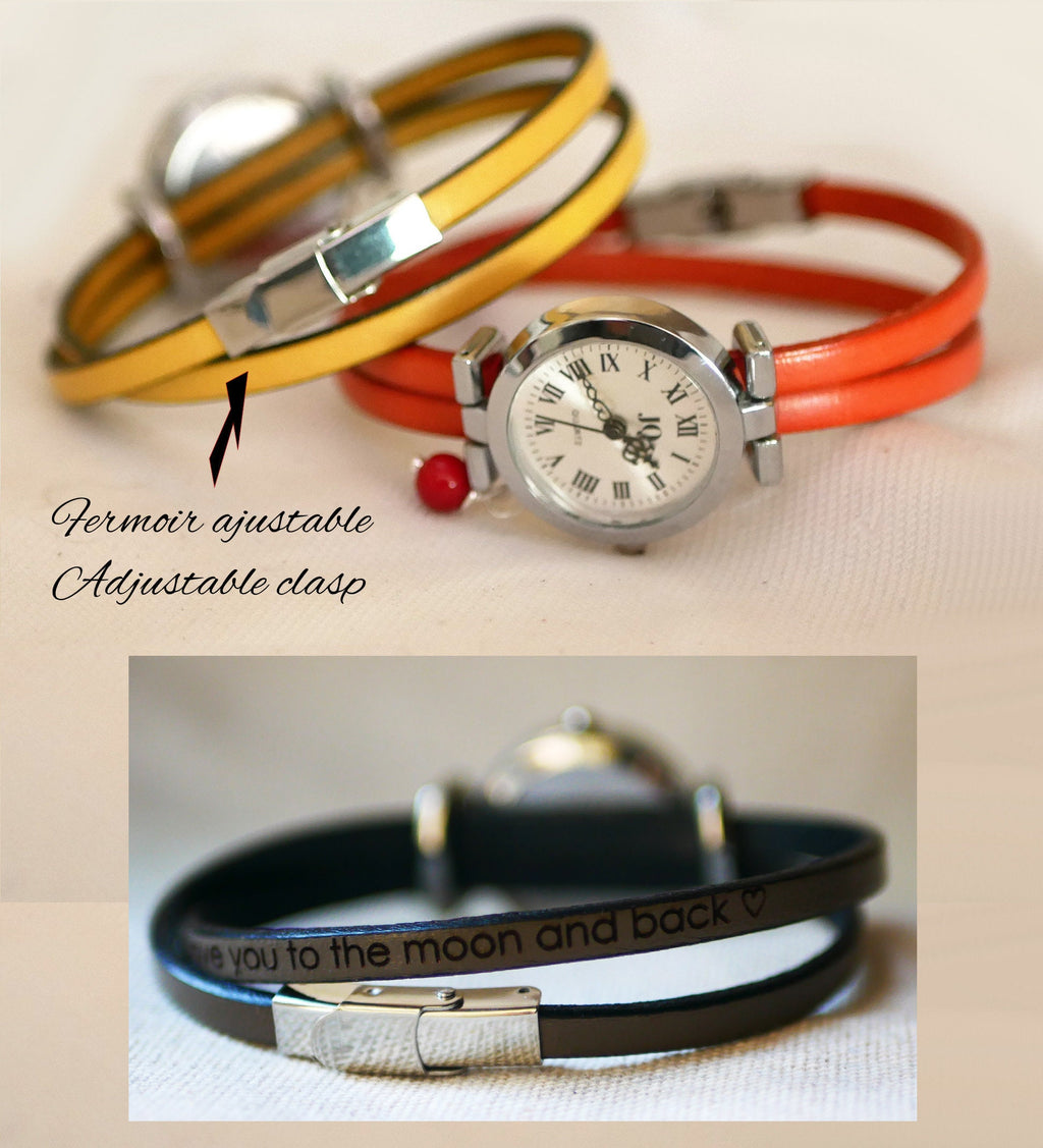 Montre femme cuir fin coloré au cadran argenté et perle