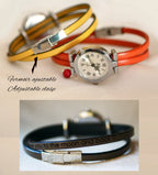 Montre femme cuir fin coloré au cadran argenté et perle