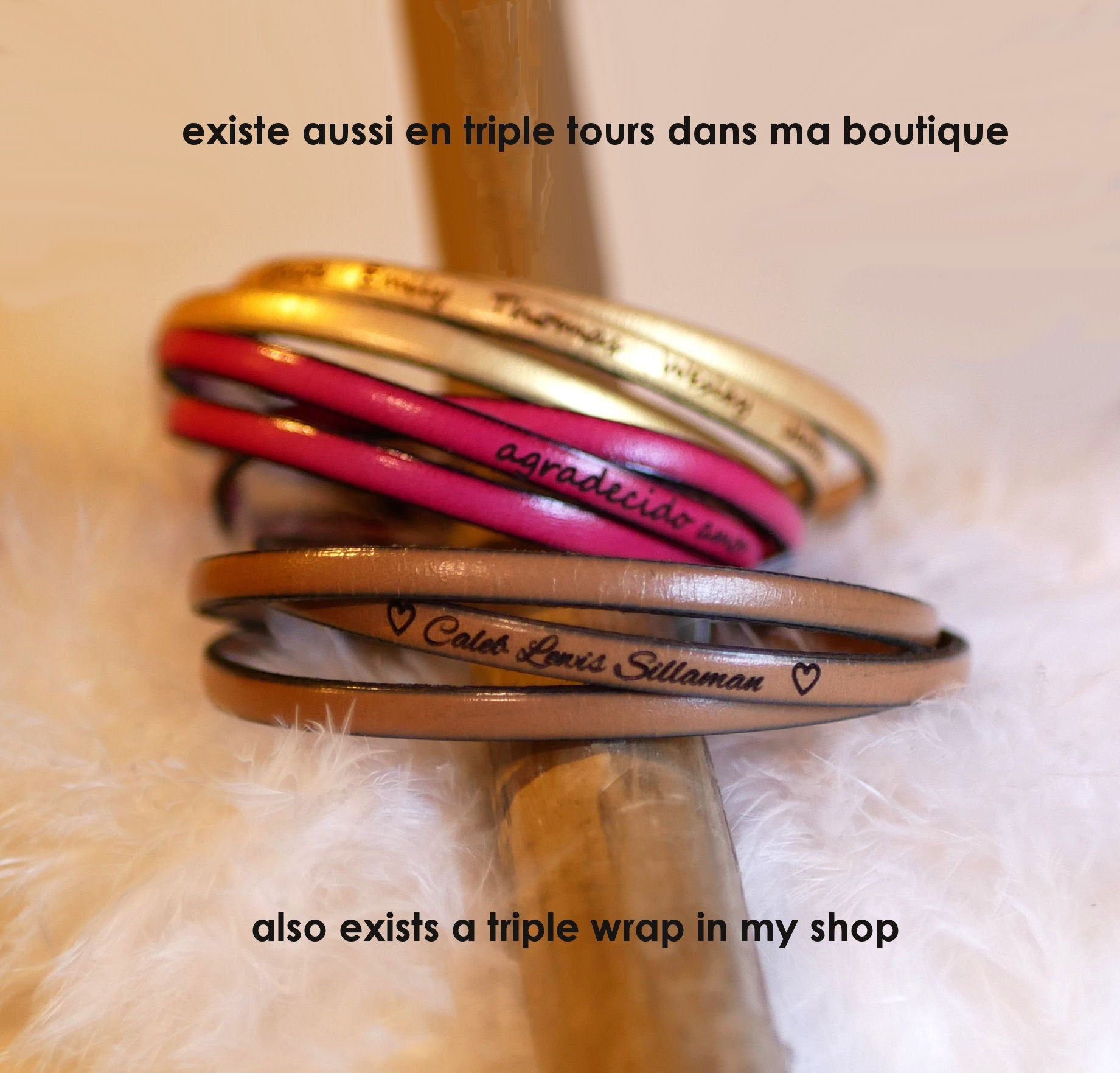 Bracelet cuir 5 tours de poignet gravé de citation, messages