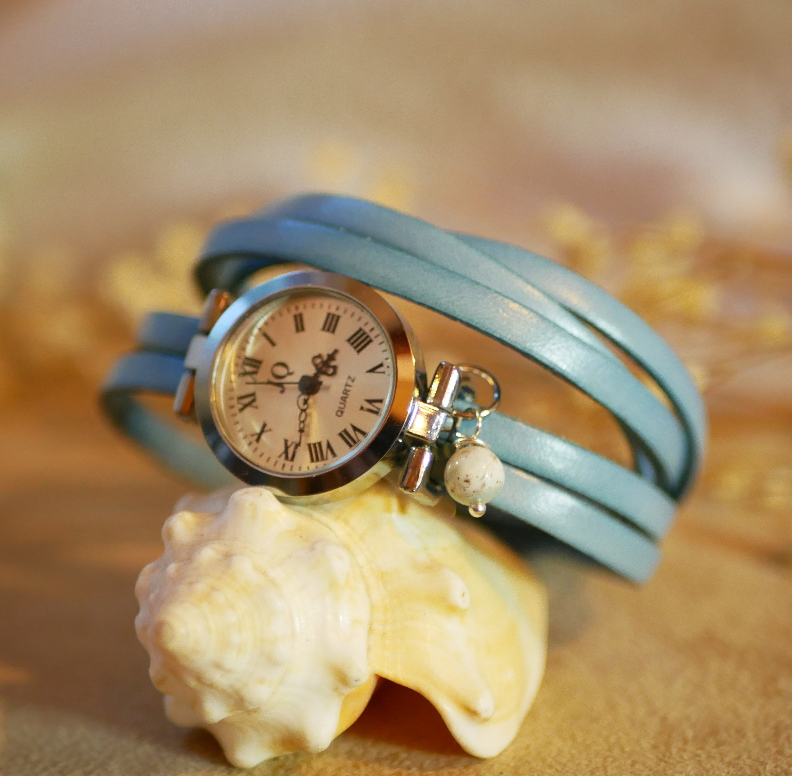 Montre bracelet cuir 5 tours personnalisable cadran argenté