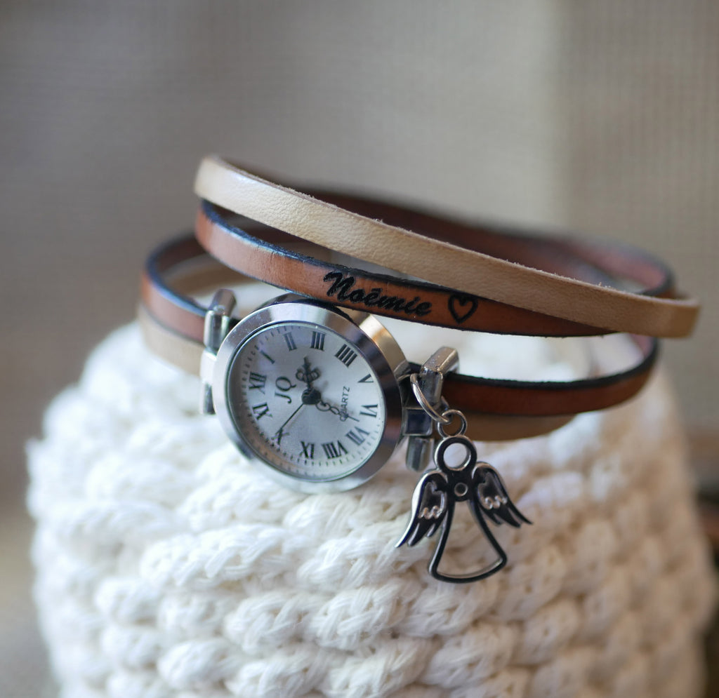 Montre femme double duo de cuir personnalisable cadran argenté