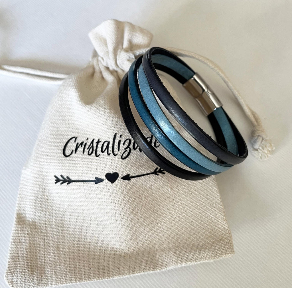 Bracelet manchette homme aux 4 cuirs bleu et gris