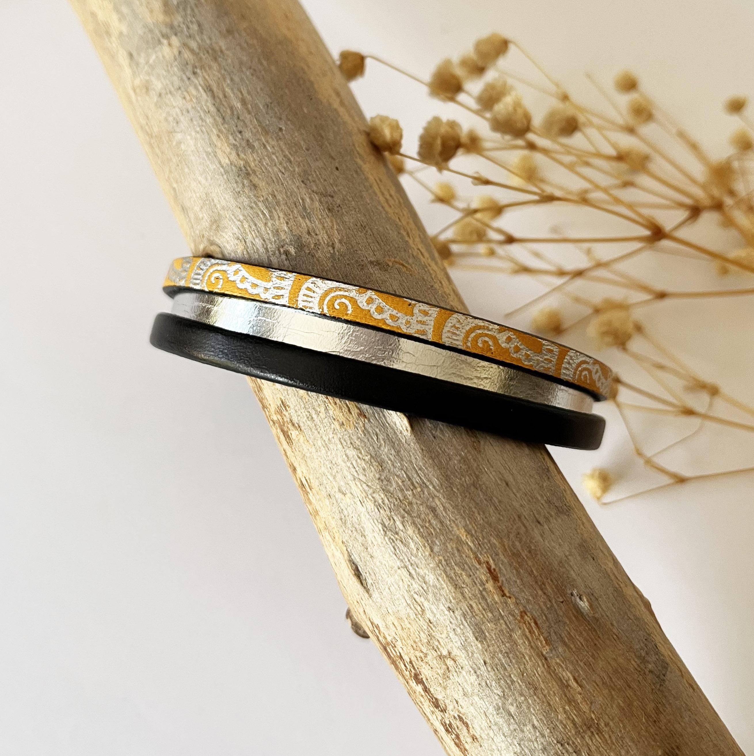 Bracelet manchette femme aux 3 cuirs orange argenté