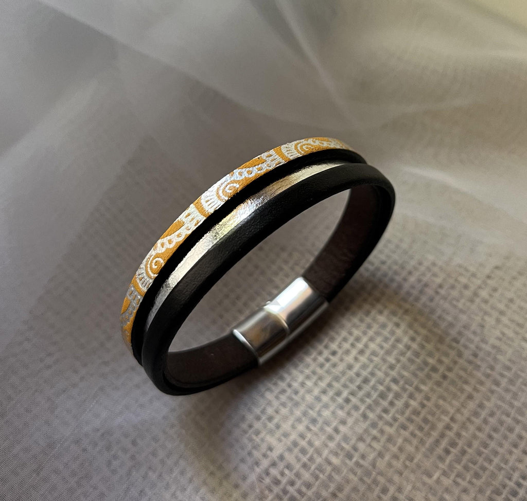 Bracelet manchette femme aux 3 cuirs orange argenté
