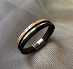 Bracelet manchette femme aux 3 cuirs orange argenté