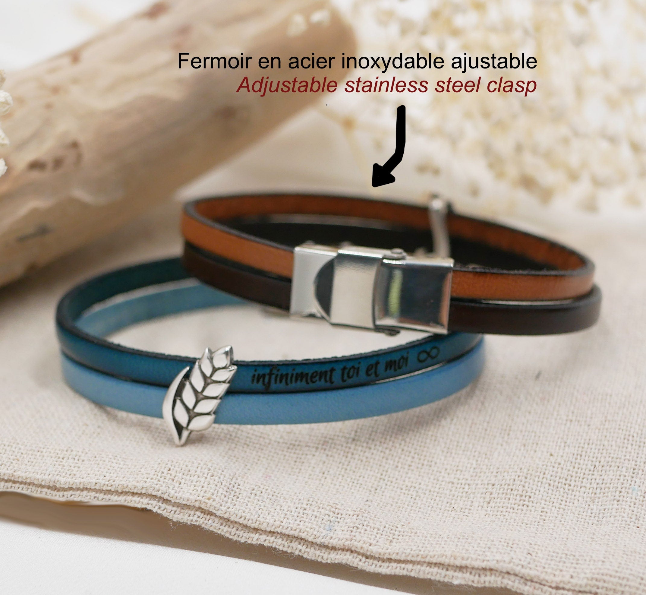 Bracelet double cuir décoré d'un poussoir argenté Arbre de Vie