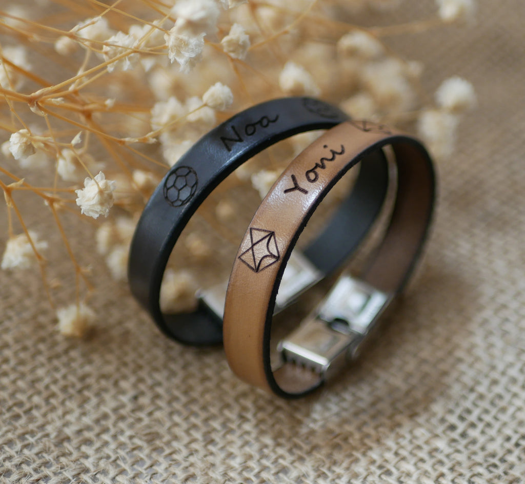 bracelets en cuir pour enfant à personnaliser prénom et dessin, pour garçon et fille