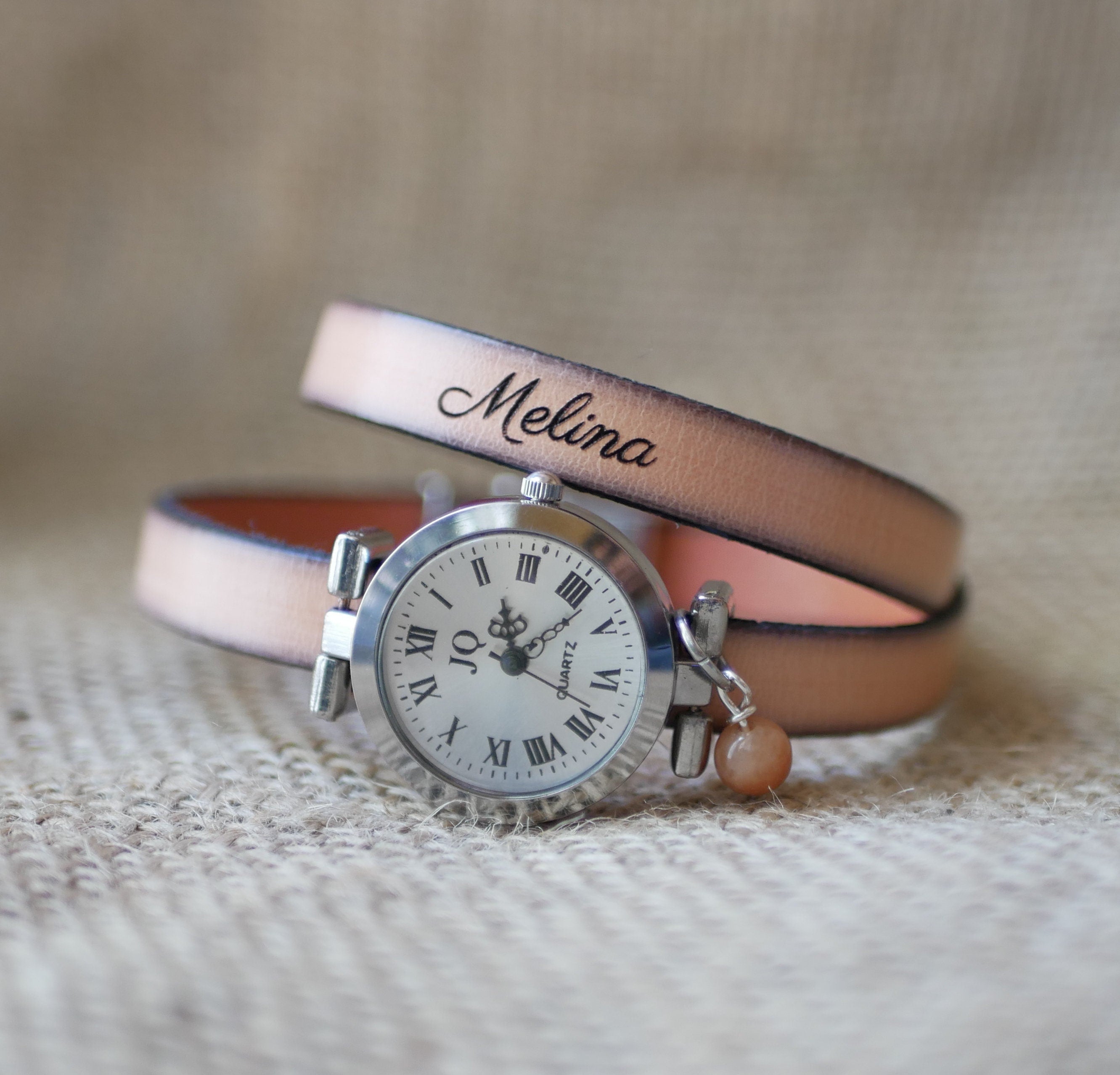 Montre double tour cuir cadran argenté à personnaliser