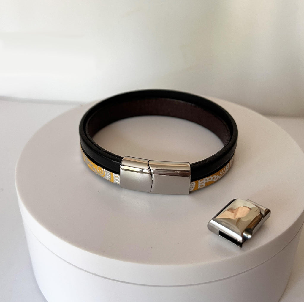 Bracelet manchette femme aux 3 cuirs orange argenté