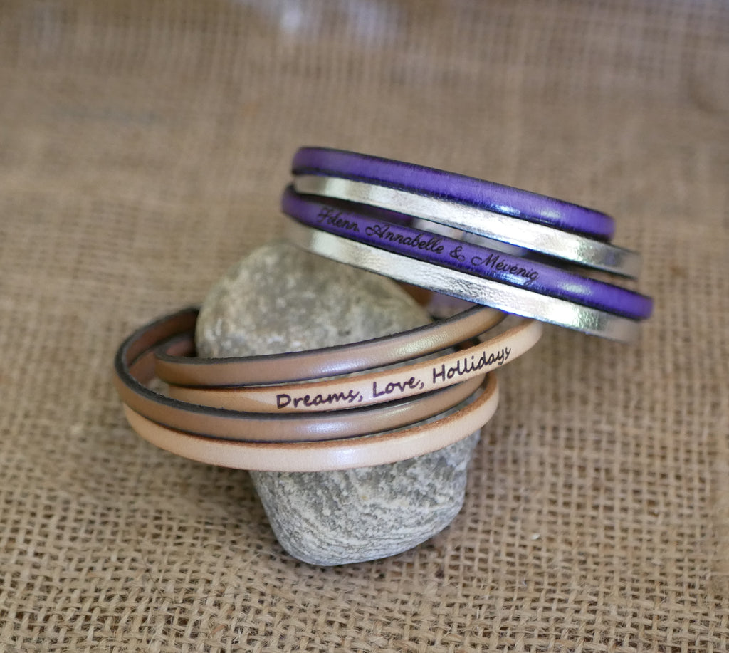 Bracelet mixte 2 cuirs en 2 tours de poignet à personnaliser par gravure