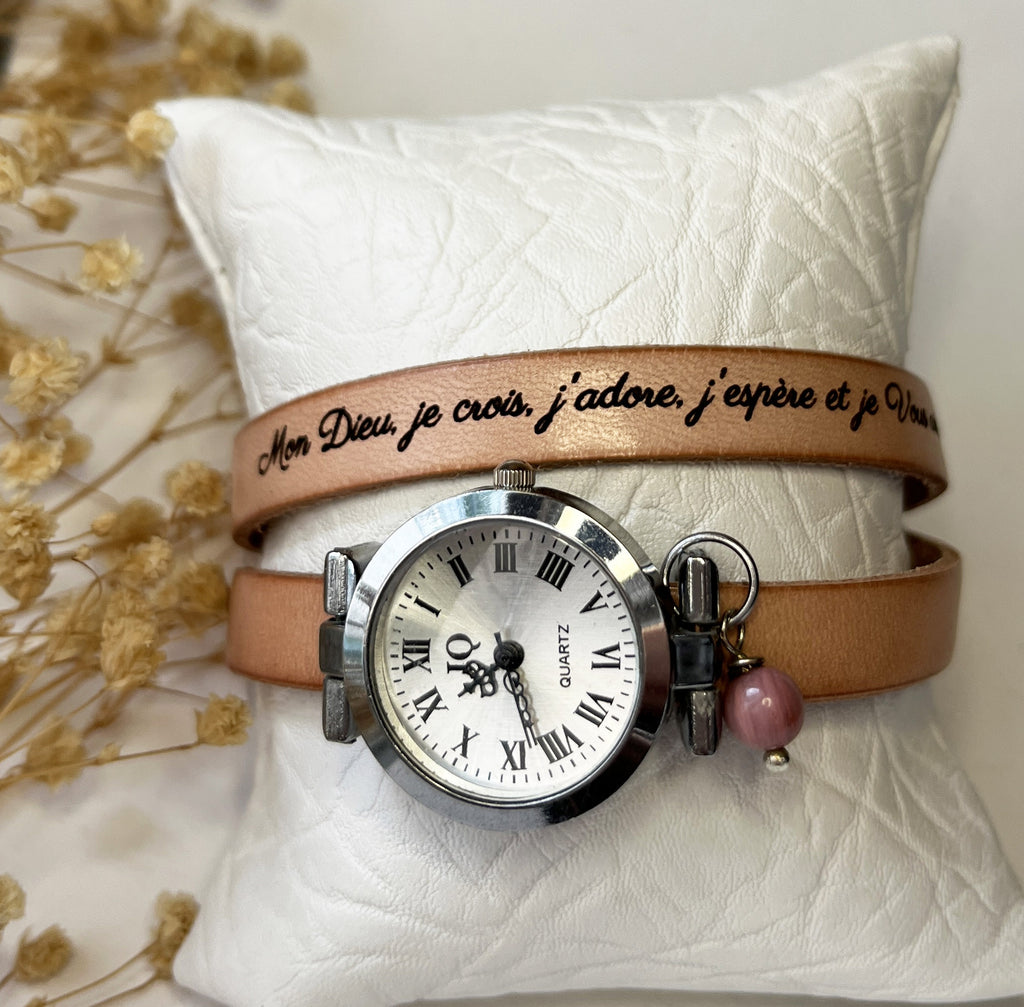 Montre double tour cuir cadran argenté à personnaliser