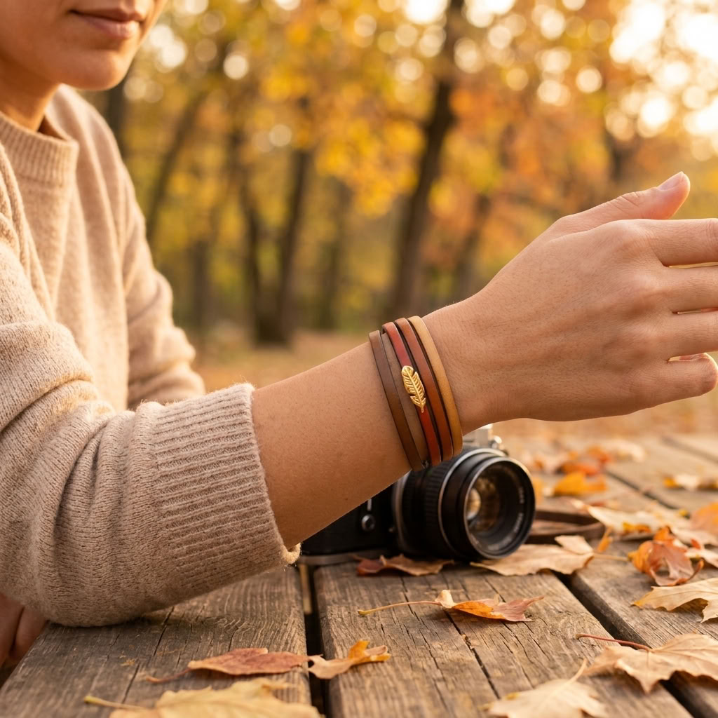  bracelet multi cuirs orange marron teinte automne fermoir magnétique doré