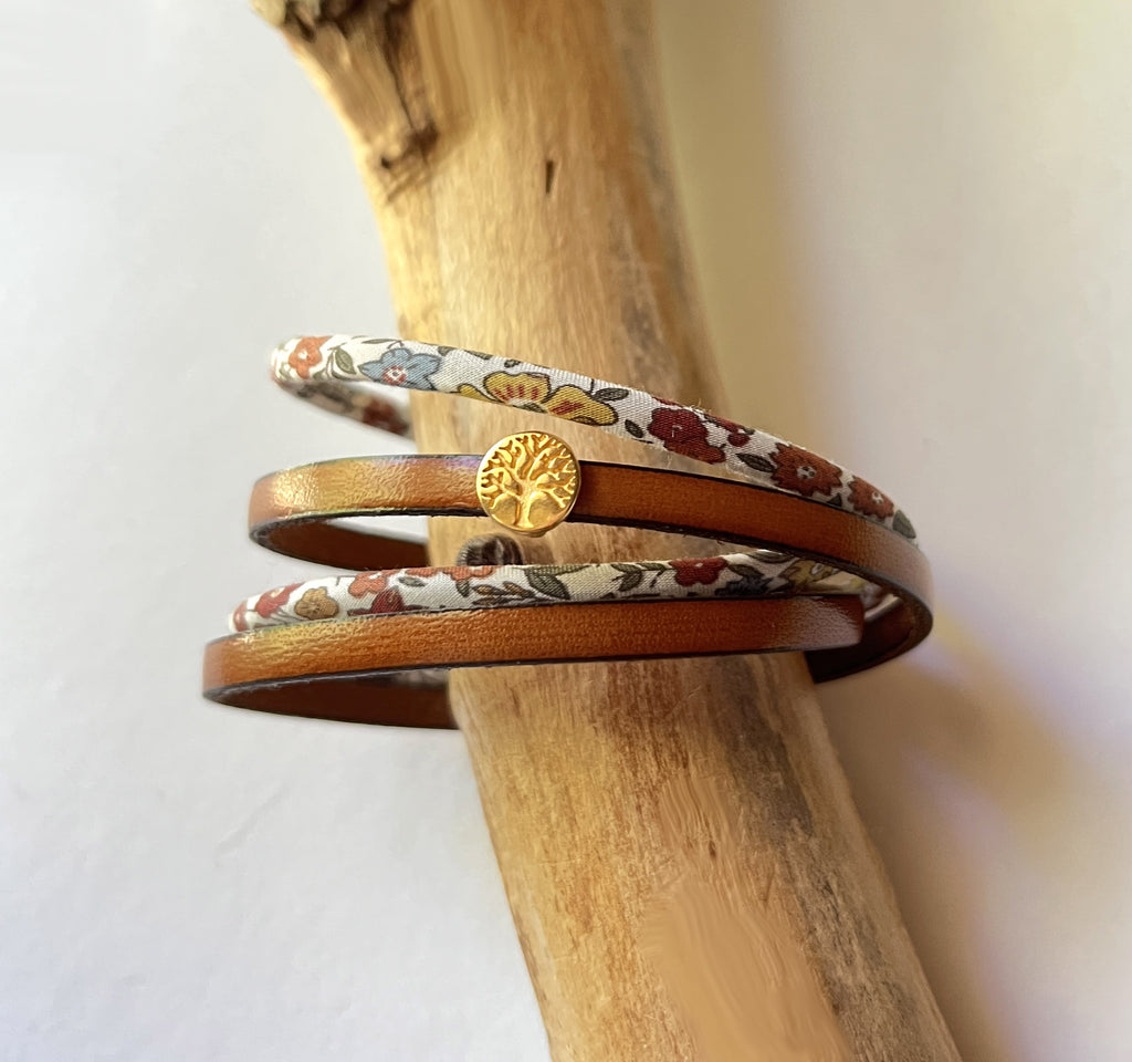 Bracelet double tour cuir et Liberty fleuri marron