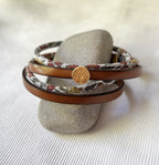 Bracelet double tour cuir et Liberty fleuri marron