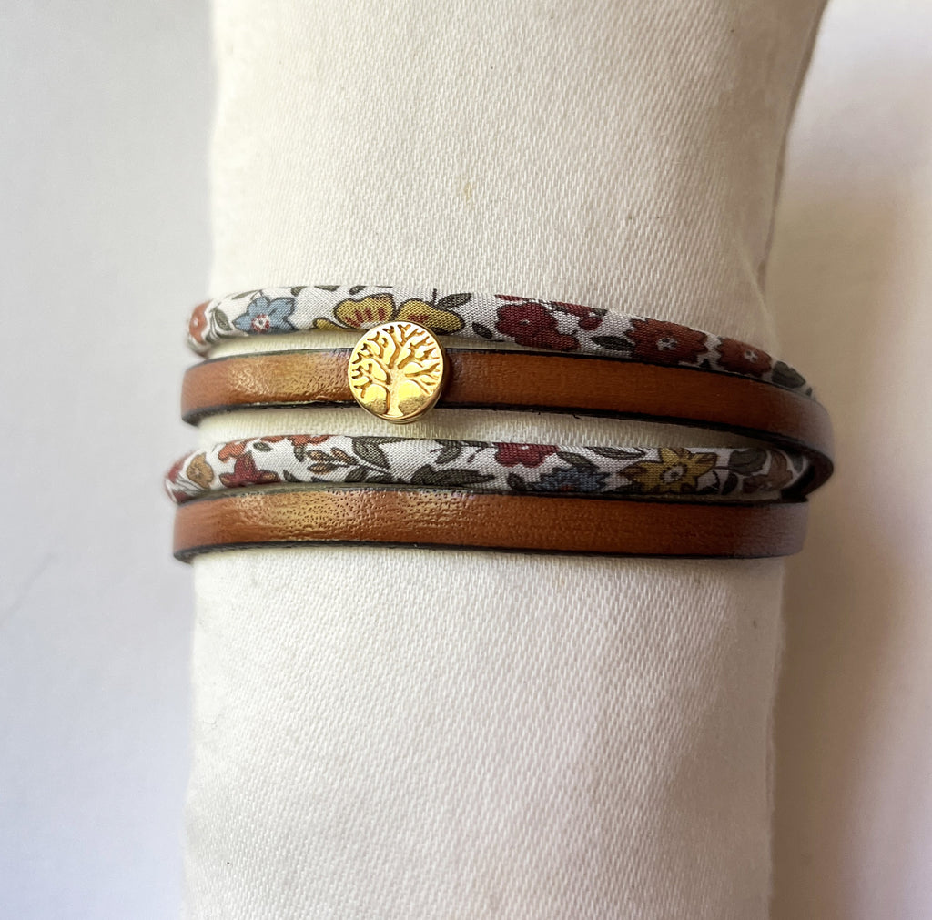 Bracelet double tour cuir et Liberty fleuri marron