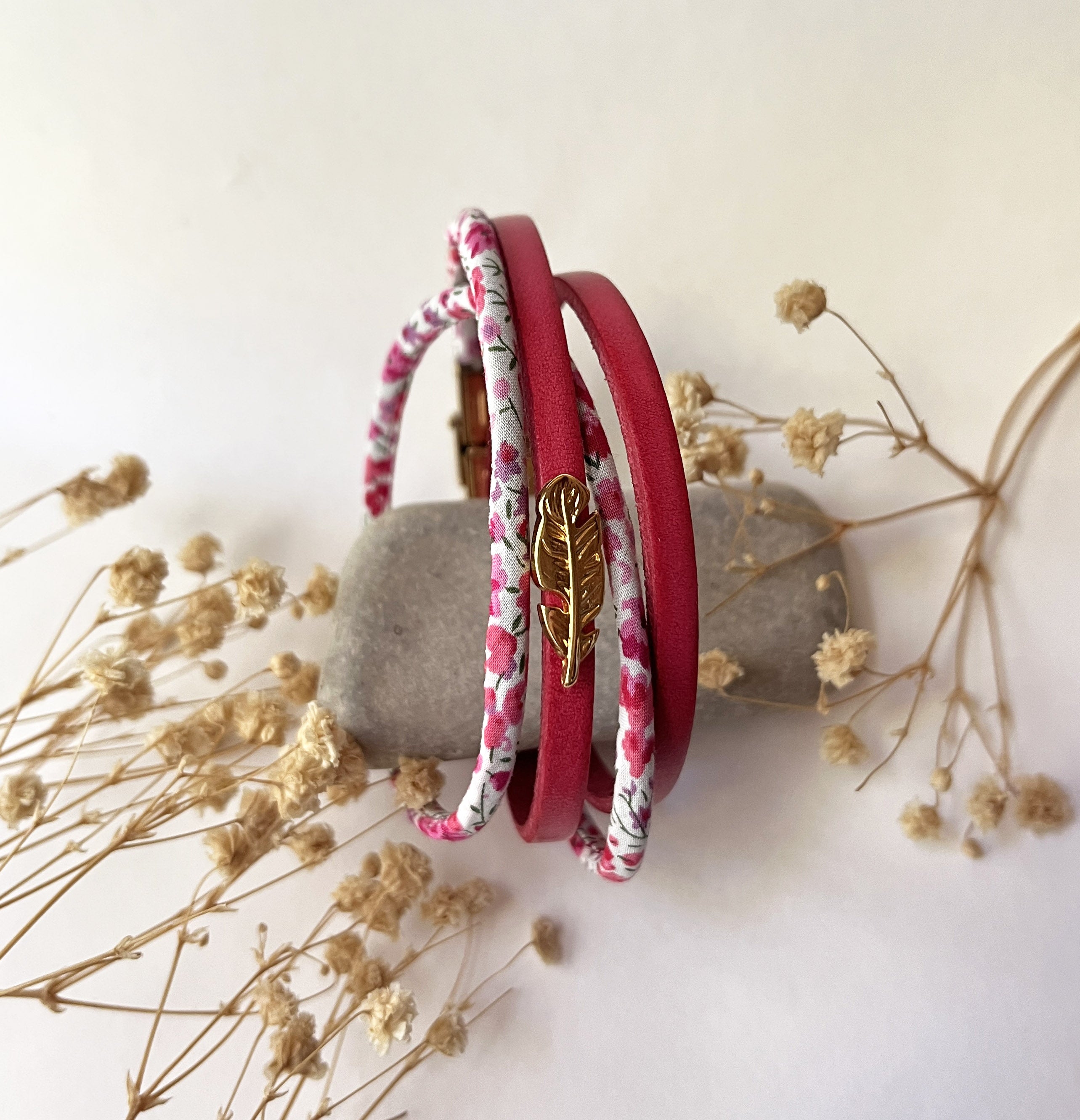 bracelet ajustable double tours de poignet rose et doré