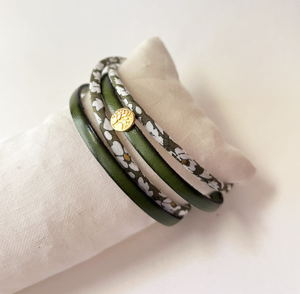 bracelet femme double cuir et cordon liberty cabochon doré arbre de vie
