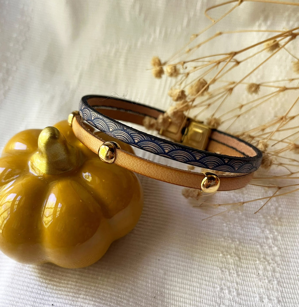 Bracelet femme duo en cuir imprimé art déco bleu et doré