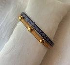 Bracelet femme duo en cuir imprimé art déco bleu et doré