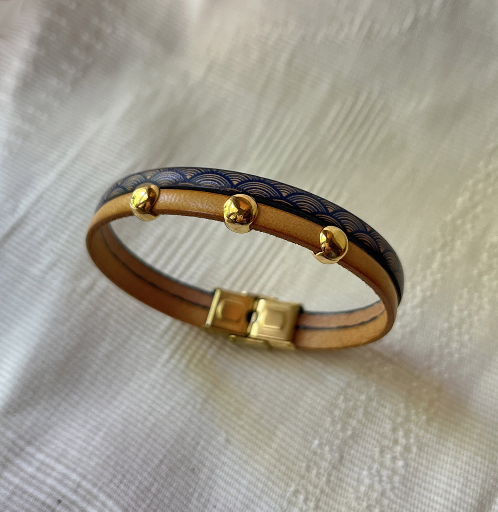 Bracelet femme duo en cuir imprimé art déco bleu et doré